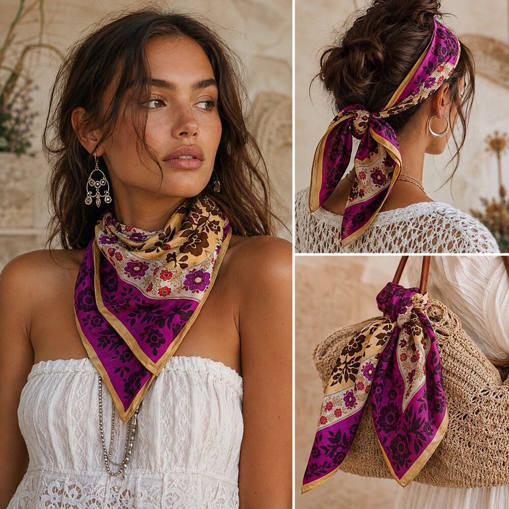 Adrienne Vittadini 100% Silk Scarf 29” Square Floral Boho Burgundy Purple Japan